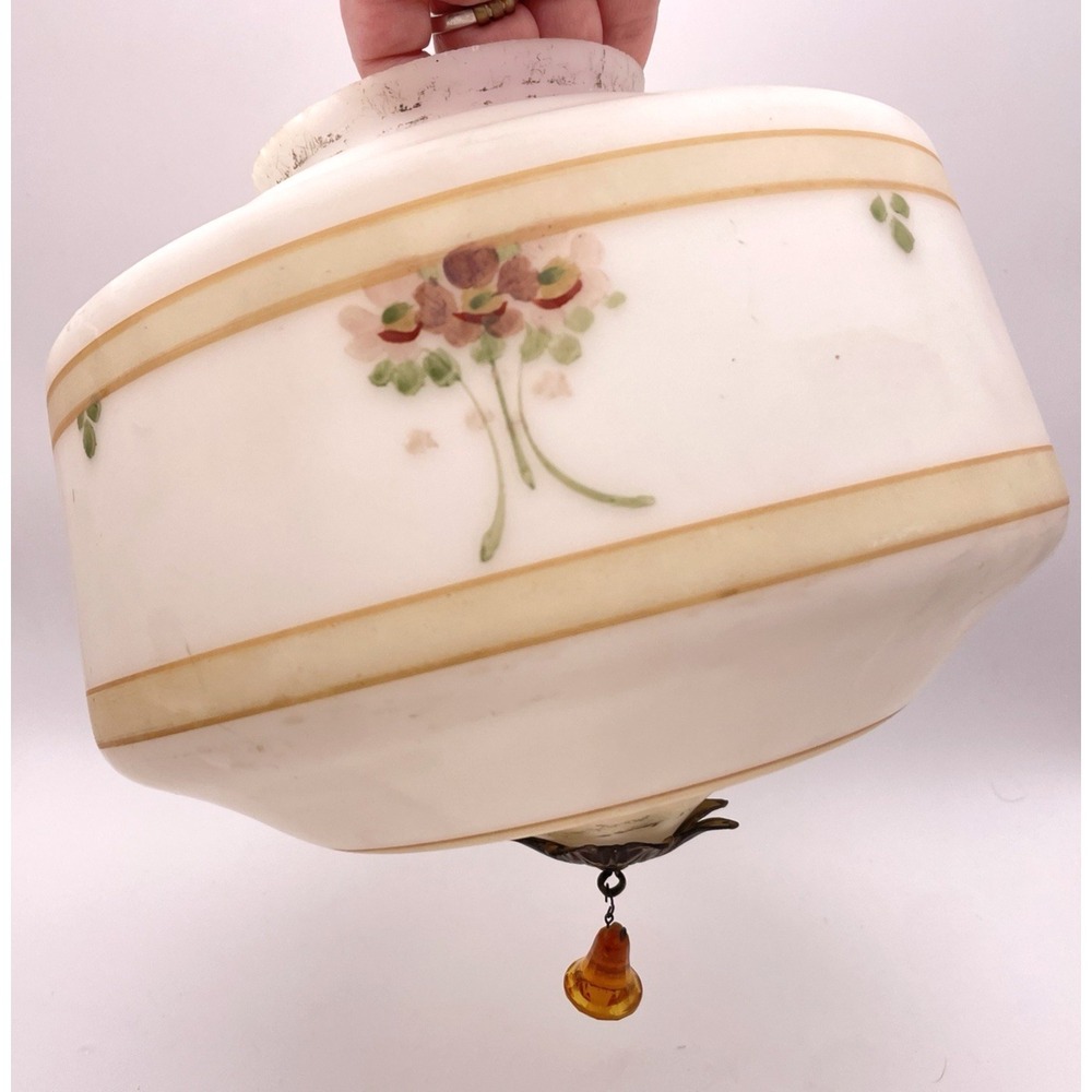 Vtg Satin Glass Hand Painted Rose Floral Ceiling Light Shade Globe Jewel Drop